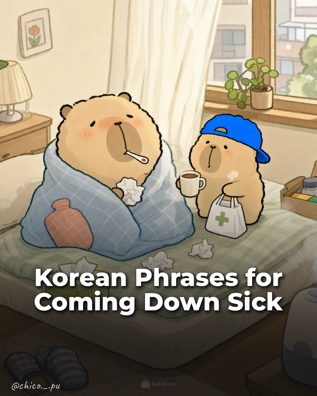 Korean Phrases for Coming Down Sick Instagram phrase list cover